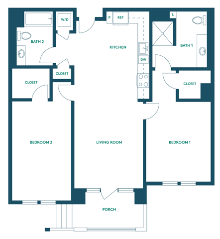 Floor plan for 2 beds, 2 baths, 1038 sqft