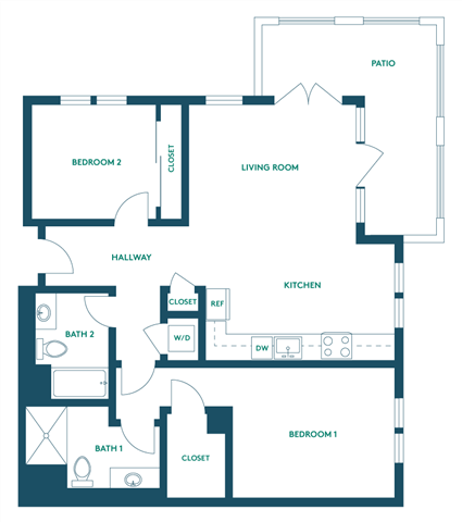 Floor plan for 2 beds, 2 baths, 1036 sqft