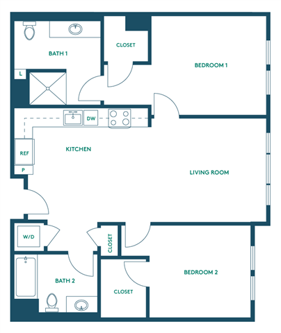 Floor plan for 2 beds, 2 baths, 937 sqft