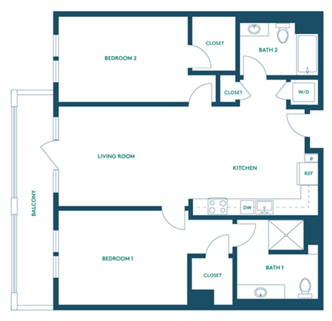 Floor plan for 2 beds, 2 baths, 1150 sqft