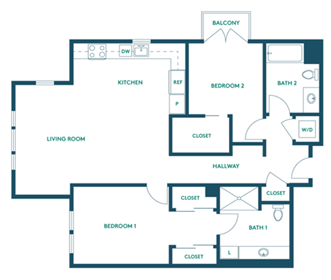 Floor plan for 2 beds, 2 baths, 1051 sqft