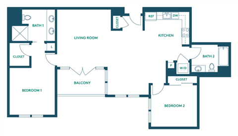 Floor plan for 2 beds, 2 baths, 1101 sqft