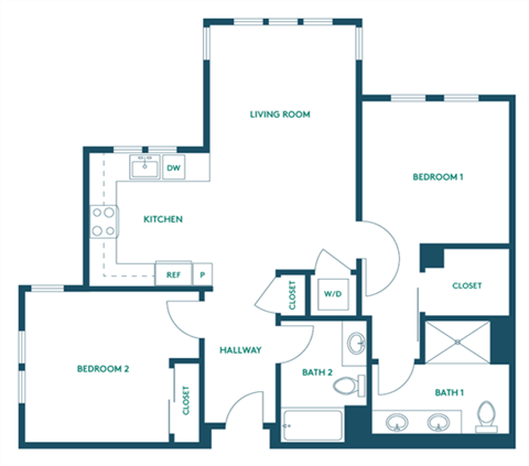 Floor plan for 2 beds, 2 baths, 872 sqft