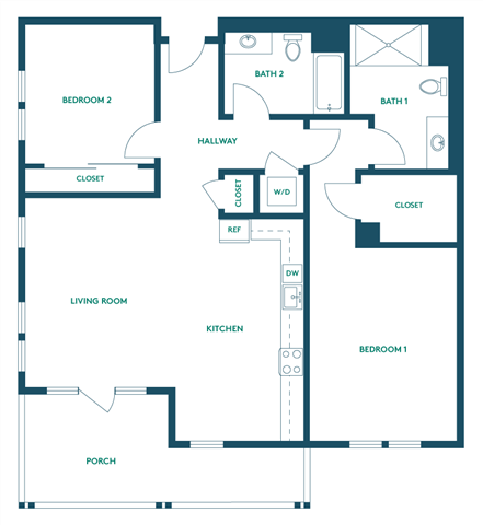 Floor plan for 2 beds, 2 baths, 1058 sqft