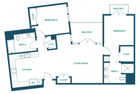Floor plan for 2 beds, 2 baths, 1040 sqft