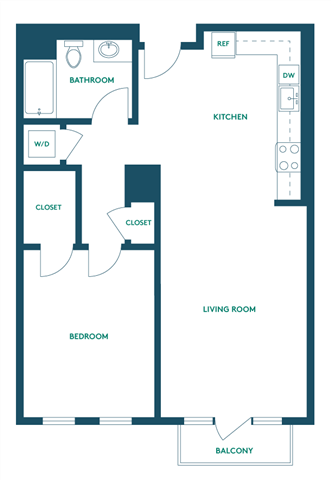 Floor plan for 1 bed, 1 bath, 734 sqft