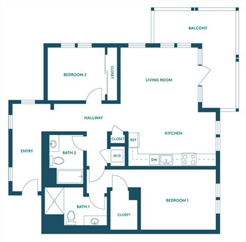 Floor plan for 2 beds, 2 baths, 1153 sqft