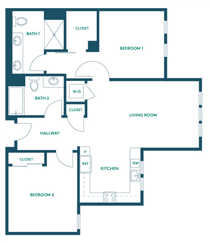 Floor plan for 2 beds, 2 baths, 938 sqft