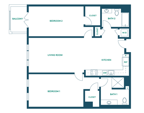 Floor plan for 2 beds, 2 baths, 1150 sqft