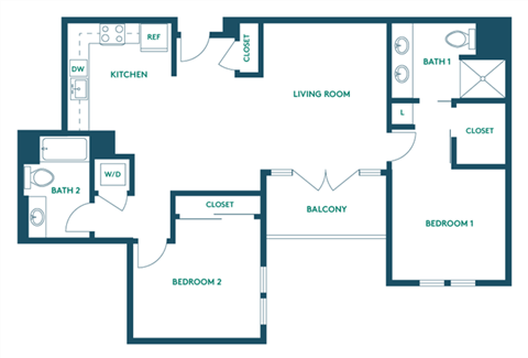Floor plan for 2 beds, 2 baths, 1040 sqft