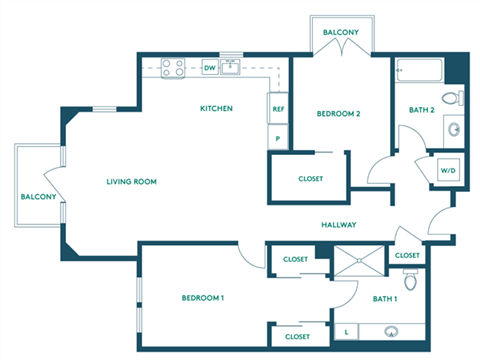 Floor plan for 2 beds, 2 baths, 1050 sqft
