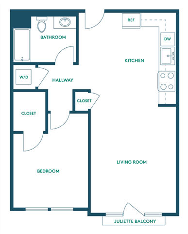 Floor plan for 1 bed, 1 bath, 693 sqft