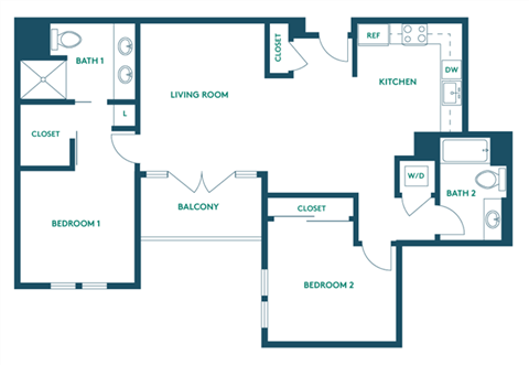 Floor plan for 2 beds, 2 baths, 1052 sqft