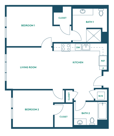 Floor plan for 2 beds, 2 baths, 937 sqft