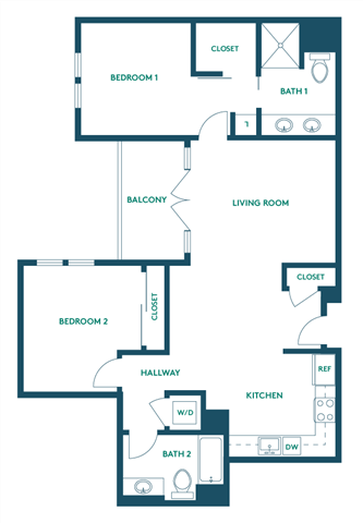 Floor plan for 2 beds, 2 baths, 1042 sqft