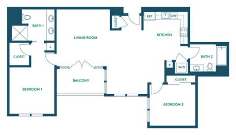 Floor plan for 2 beds, 2 baths, 1101 sqft