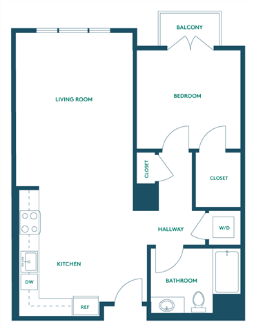 Floor plan for 1 bed, 1 bath, 692 sqft
