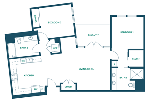 Floor plan for 2 beds, 2 baths, 1040 sqft