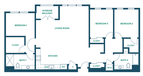 Floor plan for 3 beds, 2 baths, 1441 sqft