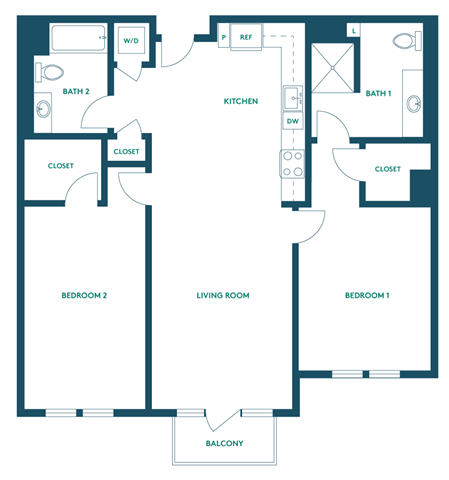 Floor plan for 2 beds, 2 baths, 1058 sqft