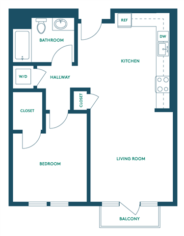 Floor plan for 1 bed, 1 bath, 652 sqft