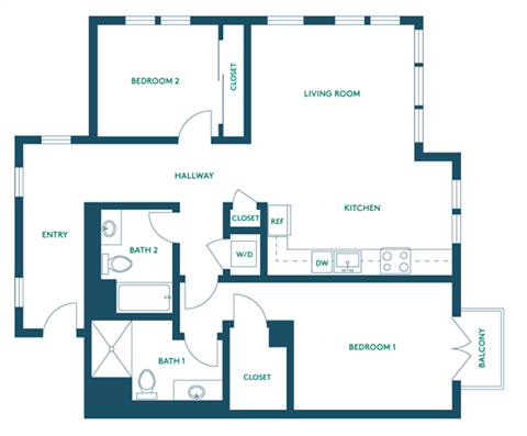 Floor plan for 2 beds, 2 baths, 1153 sqft