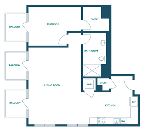 Floor plan for 1 bed, 1 bath, 856 sqft