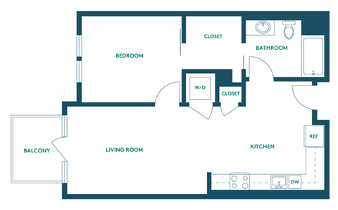 Floor plan for 1 bed, 1 bath, 619 sqft