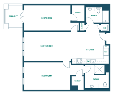 Floor plan for 2 beds, 2 baths, 1039 sqft