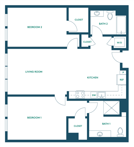 Floor plan for 2 beds, 2 baths, 1041 sqft