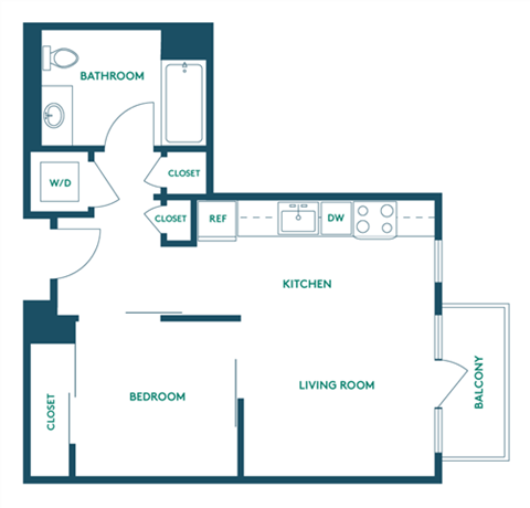 Floor plan for 1 bed, 1 bath, 464 sqft