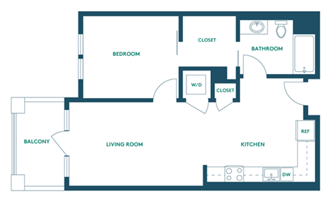 Floor plan for 1 bed, 1 bath, 620 sqft