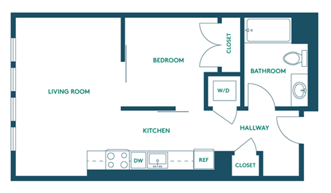 Floor plan for 1 bed, 1 bath, 508 sqft