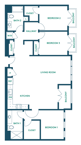 Floor plan for 3 beds, 2 baths, 1442 sqft