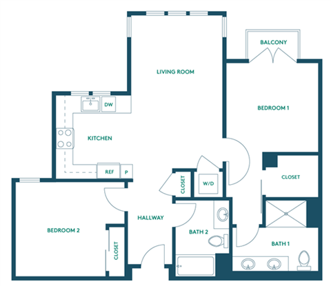 Floor plan for 2 beds, 2 baths, 937 sqft