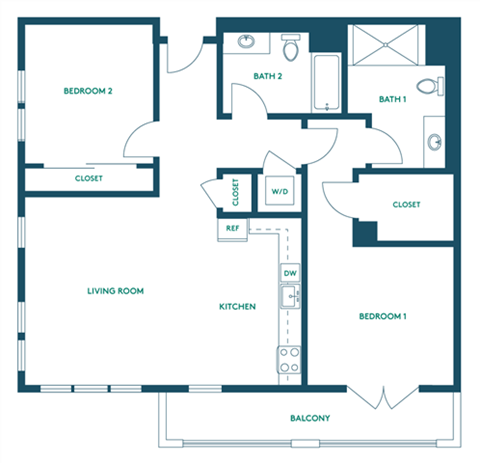 Floor plan for 2 beds, 2 baths, 962 sqft
