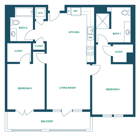 Floor plan for 2 beds, 2 baths, 959 sqft