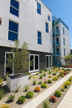 Venice apartment for rent - A white building with a blue balcony and a planter in front.