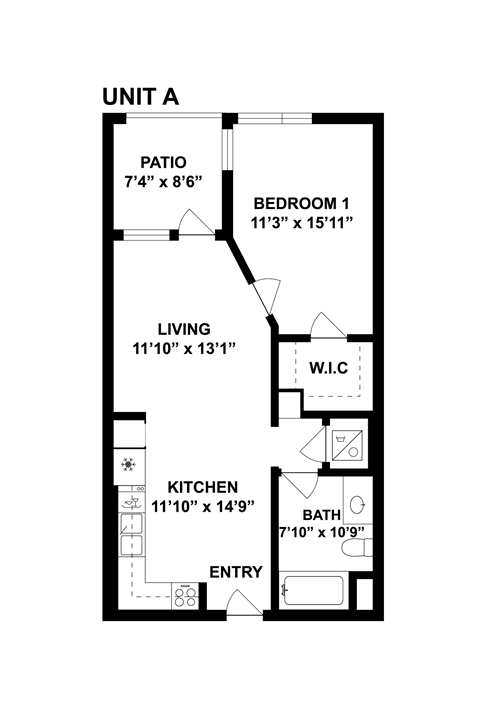 Floor plan for 1 bed, 1 bath, 634 sqft