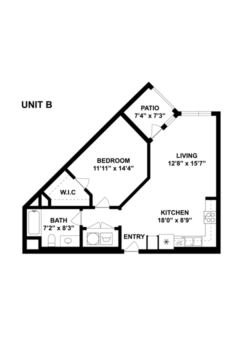 Floor plan for 1 bed, 1 bath, 715 sqft