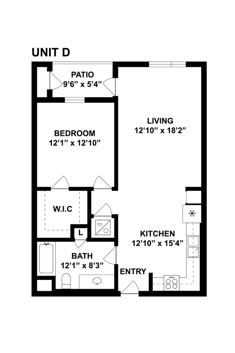 Floor plan for 1 bed, 1 bath, 782 sqft