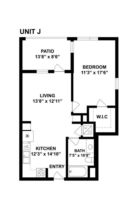 Floor plan for 1 bed, 1 bath, 828 sqft