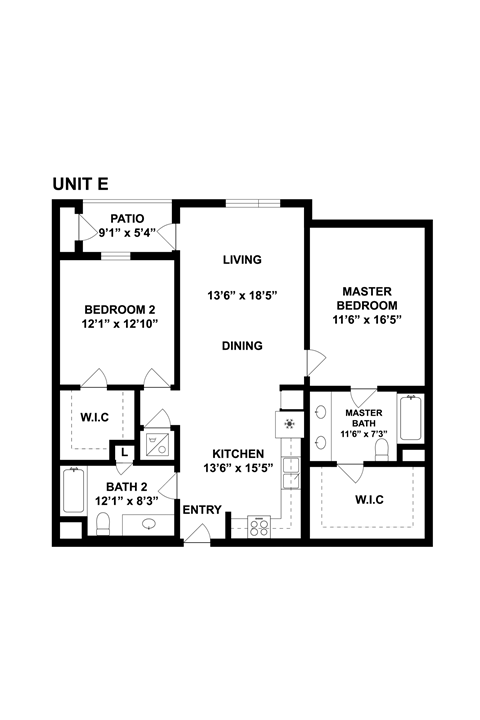 Floor plan for 2 beds, 2 baths, 1152 sqft