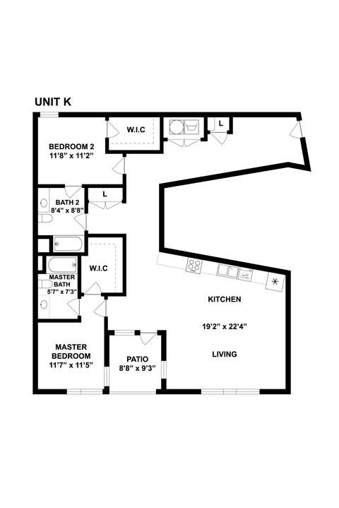 Floor plan for 2 beds, 2 baths