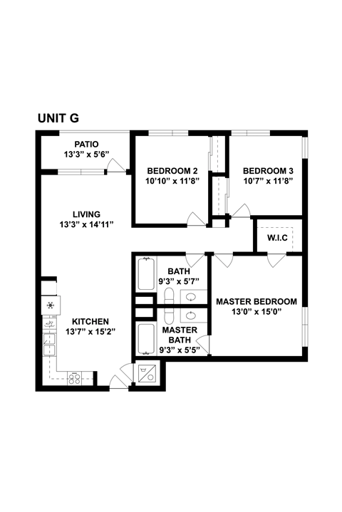 Floor plan for 3 beds, 2 baths, 1164 sqft