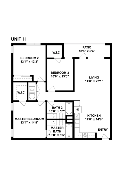 Floor plan for 3 beds, 2 baths, 1308 sqft