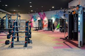 Los Angeles apartment for rent - A gym with a variety of equipment including weights and a squat rack.