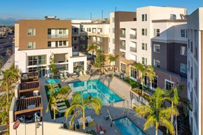 Los Angeles apartment for rent - A pool surrounded by palm trees and buildings.