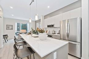 Vancouver apartment for rent - an open kitchen with a large island and stainless steel appliances