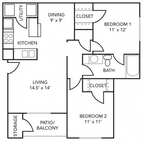 Floor plan for 2 beds, 1 bath, 1043 sqft